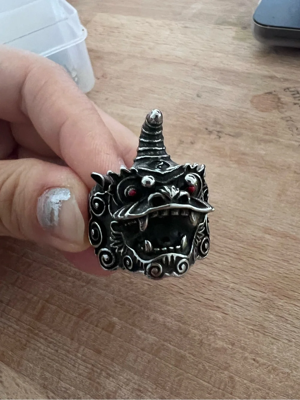 Goth Dragon Demon Face Ring with Red Eyes